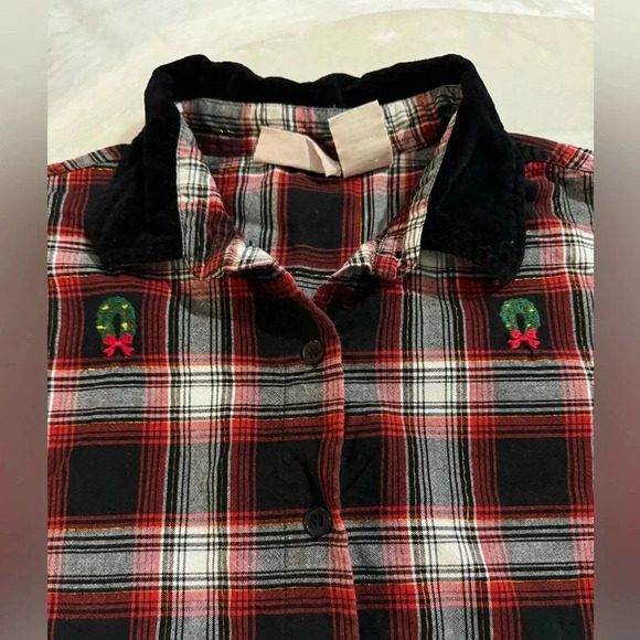 Plaid Embroidered Button Down Velvet Collar Granny Shirt Christmas Wreaths VTG - Picture 13 of 14